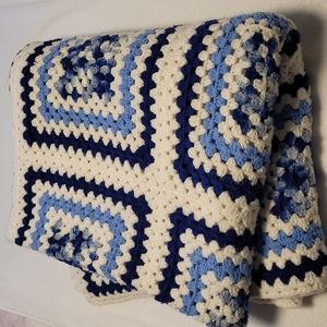 Handcrafted crochet blanket blue and white 85" x 66"